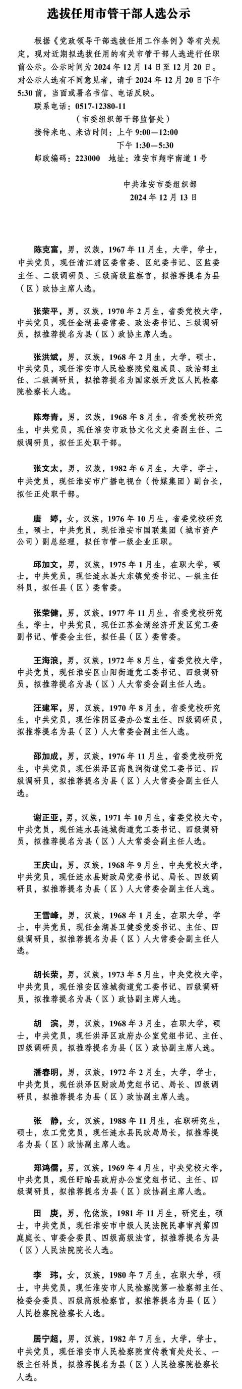 淮安選拔任用市管干部人選公示（淮安選拔任用市管干部人選公示名單）