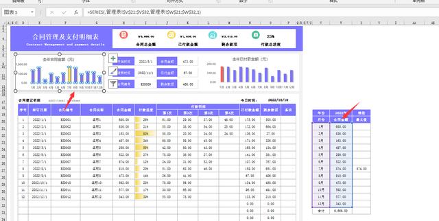 Excel合同管理支付明细表，自动汇总查询统算，图表同步一键操作（合同支付明细表格制作）