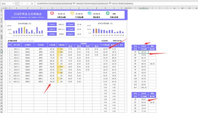 Excel合同管理支付明细表，自动汇总查询统算，图表同步一键操作（合同支付明细表格制作）